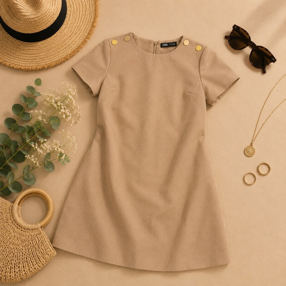 Zara Mini Dress A-Line Shift Short Sleeve Career Casual Tan Size M